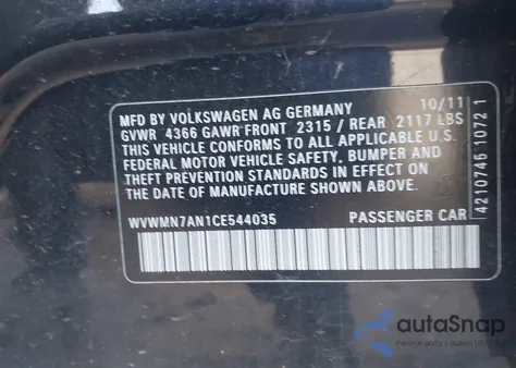 2012 Volkswagen Cc Sport z USA, uszkodzony, nr VIN WVWMN7AN1CE544035